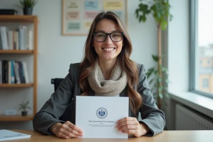 Jeune femme souriante avec diplôme RNCP dans un bureau moderne