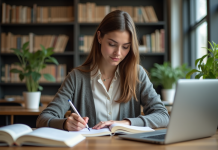 Jeune femme en bibliothèque universitaire prenant des notes