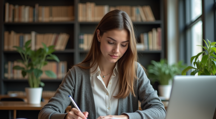 Jeune femme en bibliothèque universitaire prenant des notes