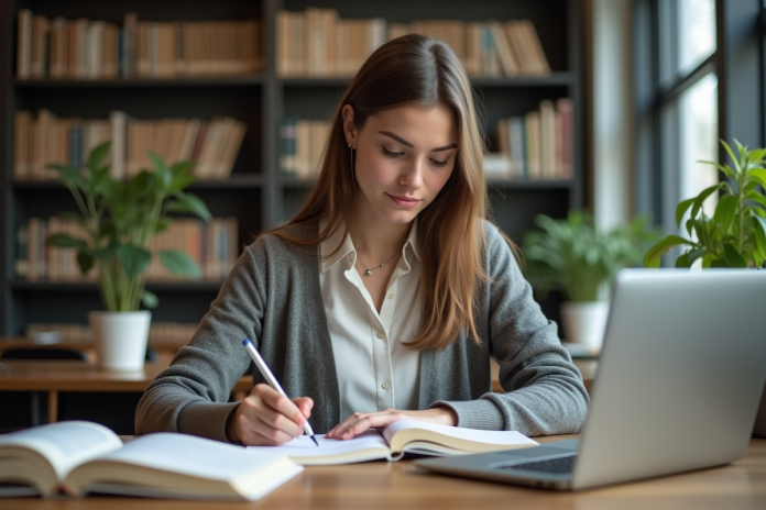 Jeune femme en bibliothèque universitaire prenant des notes