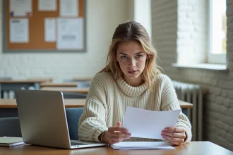 Jeune femme étudiante travaillant sur son ordinateur portable dans une salle lumineuse