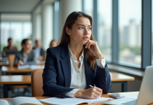 Jeune femme étudiante en classe universitaire concentrée
