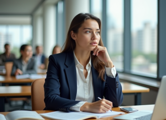 Jeune femme étudiante en classe universitaire concentrée