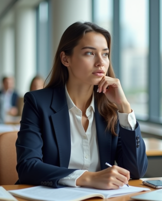 Jeune femme étudiante en classe universitaire concentrée