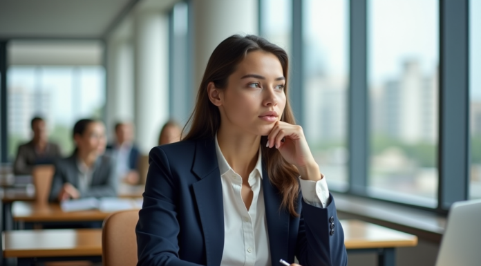 Jeune femme étudiante en classe universitaire concentrée