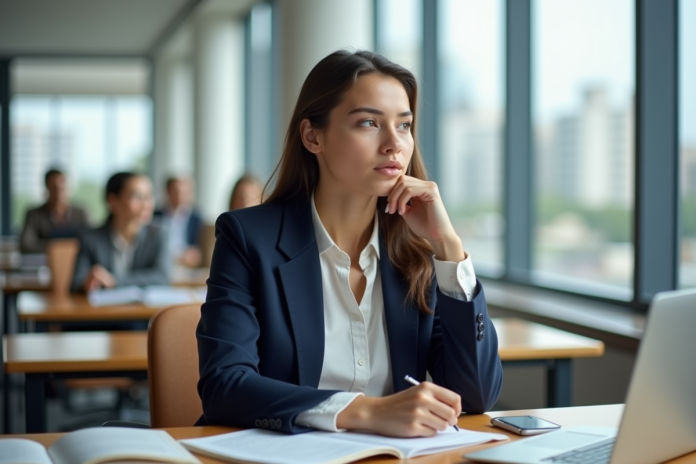 Jeune femme étudiante en classe universitaire concentrée