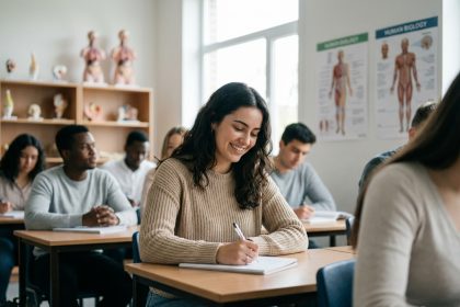 Jeune femme souriante en cours universitaire à l'étranger