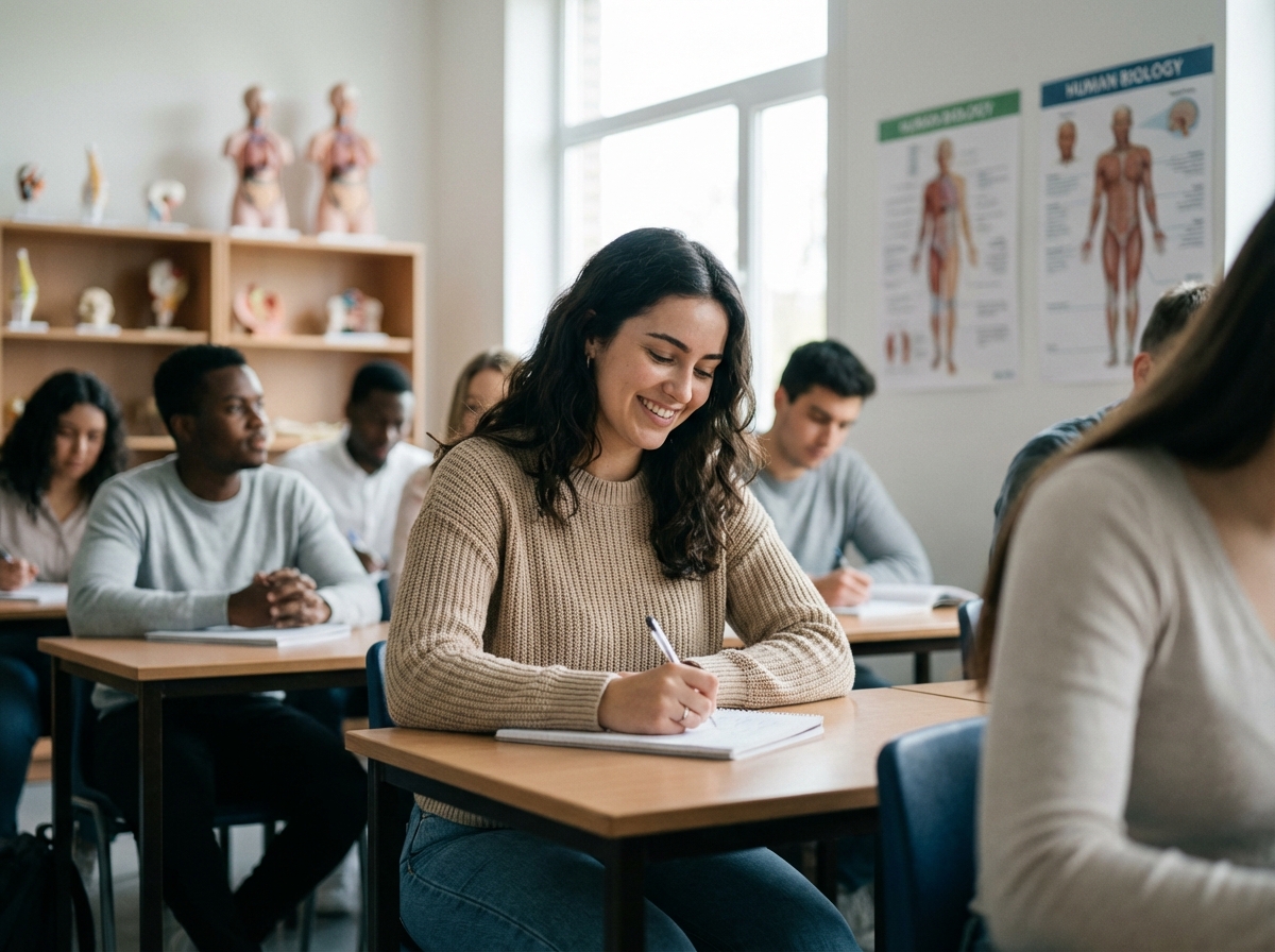 Jeune femme souriante en cours universitaire à l'étranger