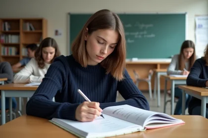 Jeune femme en classe étudiant la grammaire française