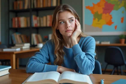 Jeune femme pensant étudier une grammaire française