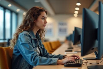 Jeune femme concentrée sur un ordinateur à Nanterre