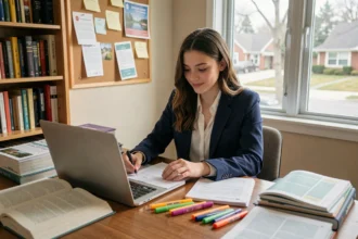 Jeune femme révisant ses choix d'orientation après le baccalauréat à son bureau avec des brochures de formation