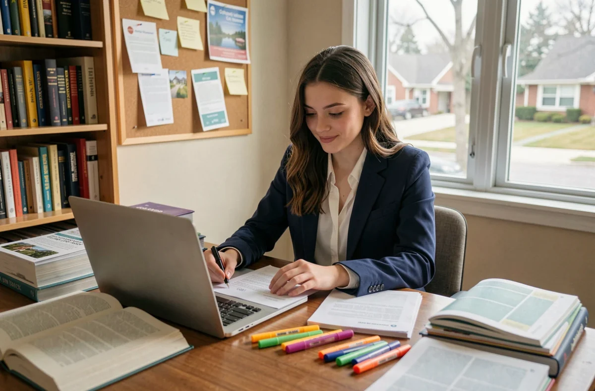 Jeune femme révisant ses choix d'orientation après le baccalauréat à son bureau avec des brochures de formation