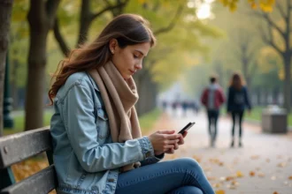Jeune femme en denim et foulard utilisant son smartphone en plein air