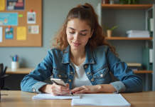 Jeune femme signant un document dans un centre communautaire