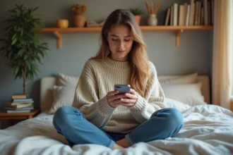 Jeune femme en sweater lisant sur son smartphone dans sa chambre
