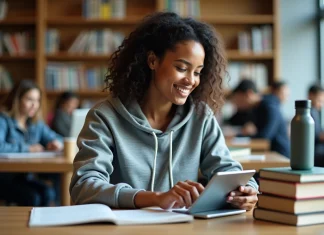 Woach, une application décrite comme moteur d’engagement et d’apprentissage pour les étudiants Jeune femme utilisant une tablette dans une bibliothèque universitaire