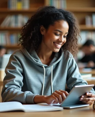 Jeune femme utilisant une tablette dans une bibliothèque universitaire