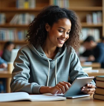 Woach, une application décrite comme moteur d’engagement et d’apprentissage pour les étudiants Jeune femme utilisant une tablette dans une bibliothèque universitaire