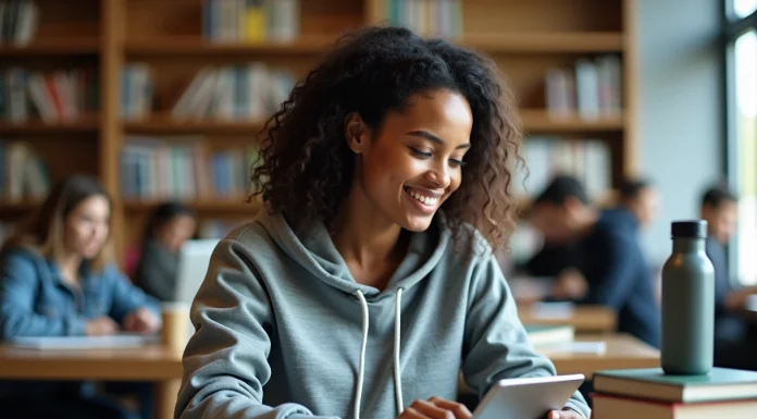 Jeune femme utilisant une tablette dans une bibliothèque universitaire
