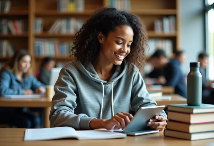 jeune-femme-tablette-bibliotheque Jeune femme utilisant une tablette dans une bibliothèque universitaire