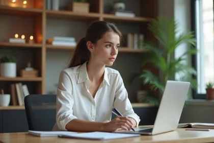 Jeune femme concentrée au bureau avec ordinateur et cahier