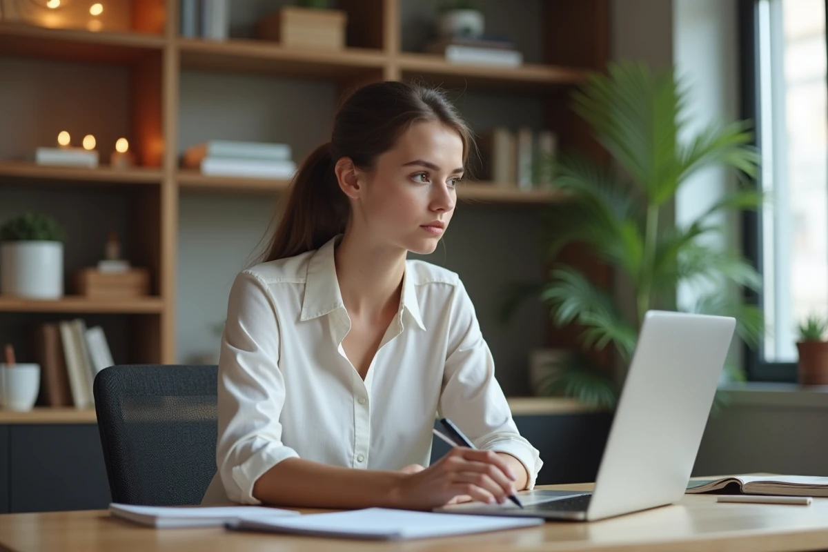 Jeune femme concentrée au bureau avec ordinateur et cahier