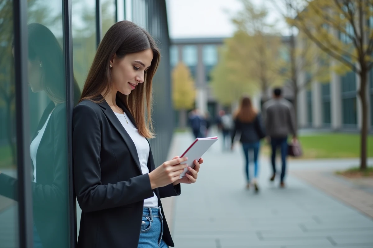 Jeune femme lisant une brochure devant une université