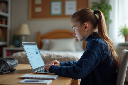 Jeune fille en pull bleu explore une plateforme éducative dans sa chambre