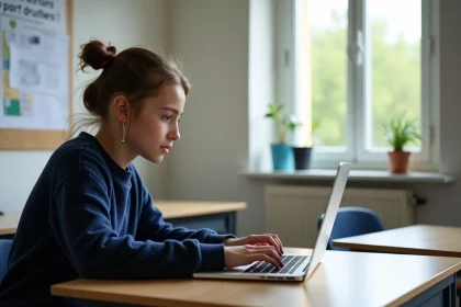 Jeune fille française concentrée sur son ordinateur en classe