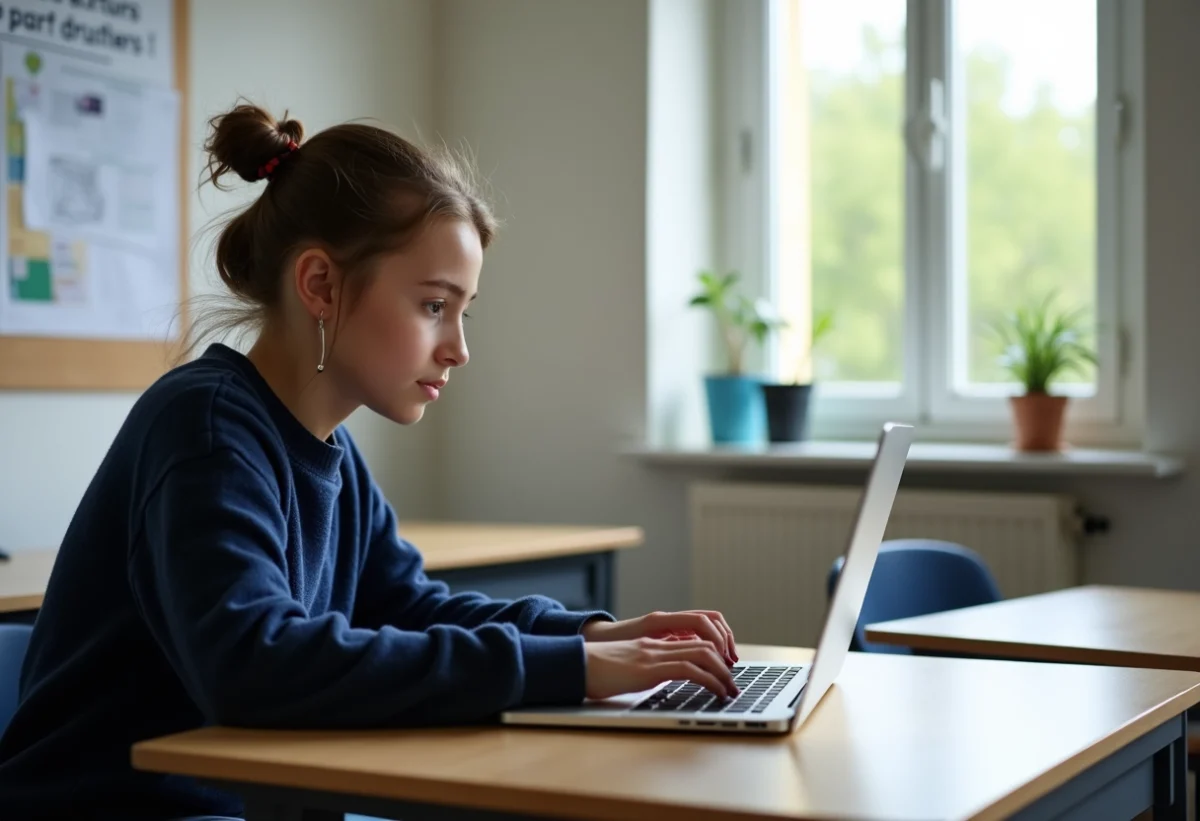 Jeune fille française concentrée sur son ordinateur en classe