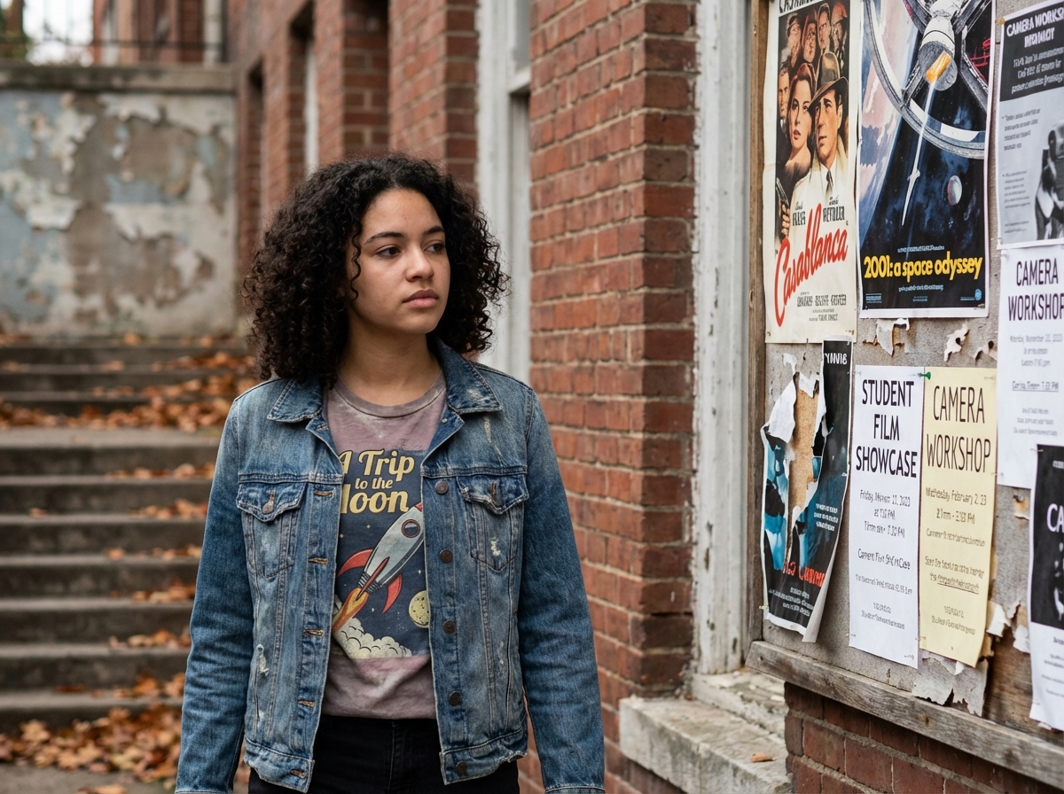 Jeune femme passant devant un bâtiment de cinéma vintage