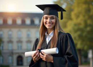 Jeune diplômé en robe et toque noire souriant devant l'université