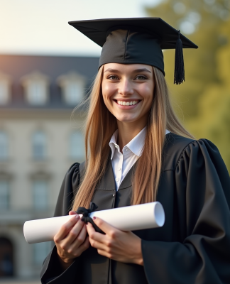 Jeune diplômé en robe et toque noire souriant devant l'université