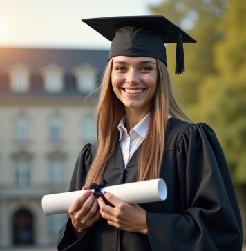 Jeune diplômé en robe et toque noire souriant devant l'université