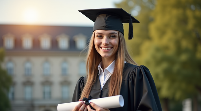 Jeune diplômé en robe et toque noire souriant devant l'université