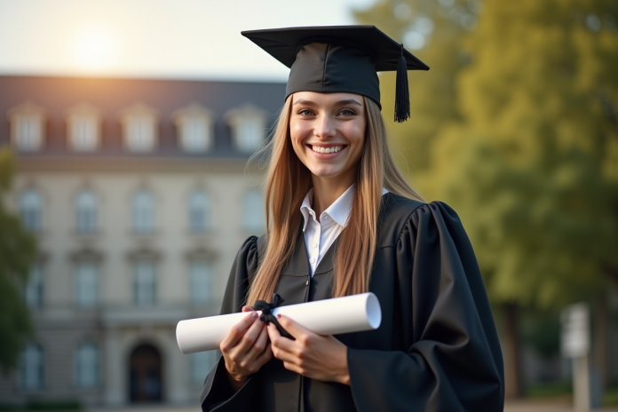 jeune-gradu-diplome-universite Jeune diplômé en robe et toque noire souriant devant l'université