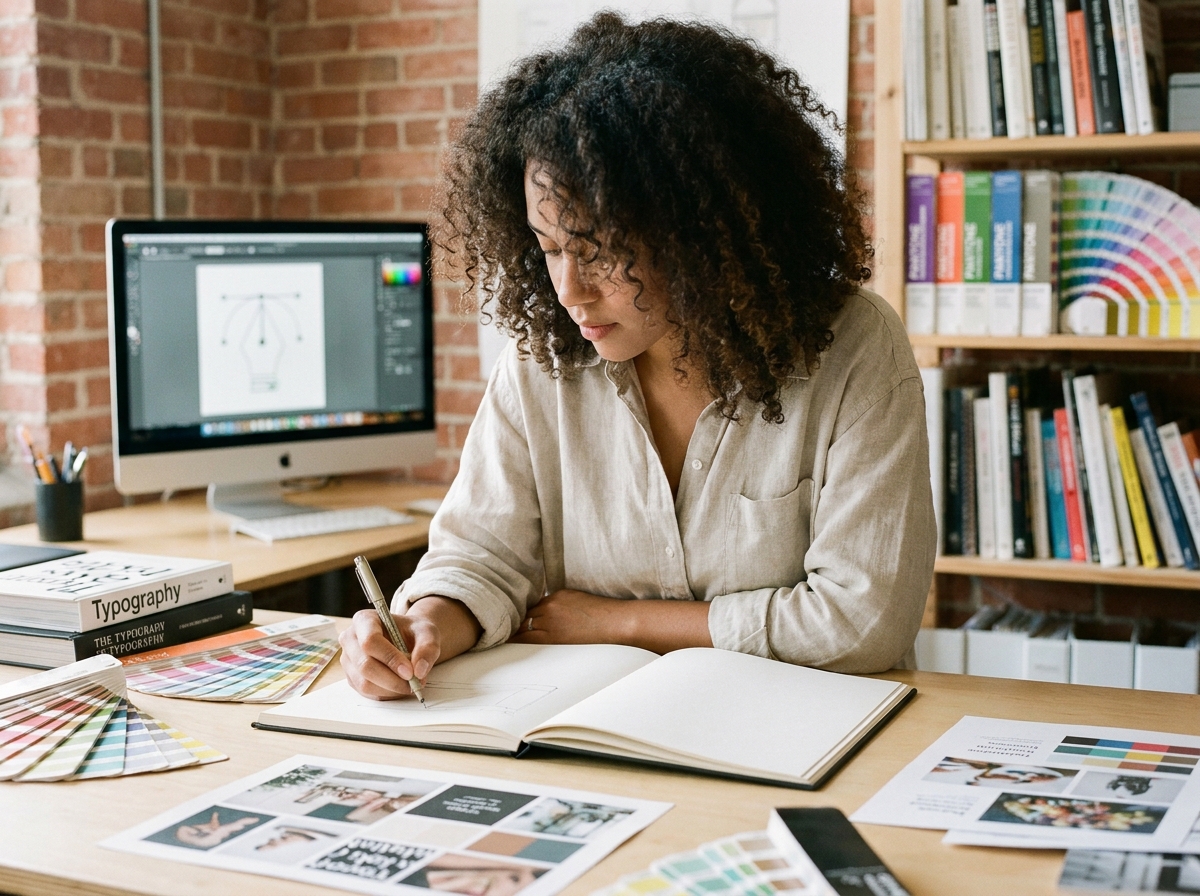 Jeune graphiste dessinant des concepts de logo dans un studio de design créatif avec des échantillons de couleurs et des livres de typographie