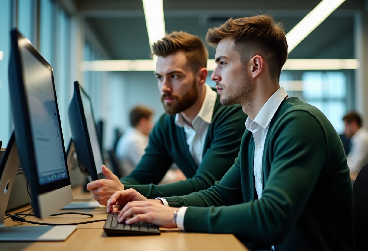 Jeune homme français aidant un étudiant sur un ordinateur