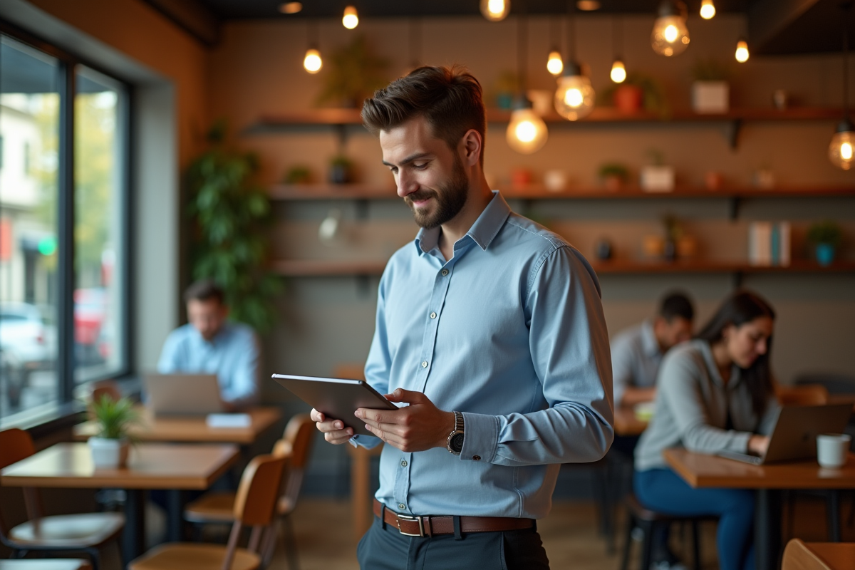 Jeune homme dans un café organisant ses publications sur une tablette