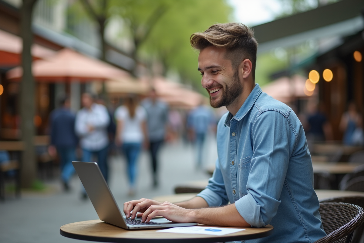 Jeune homme au café avec ordinateur portable en plein air