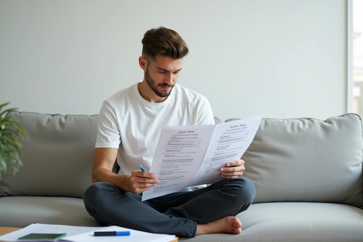 Jeune homme candidat libre annotant des fiches de questions pour préparer son permis de conduire à domicile