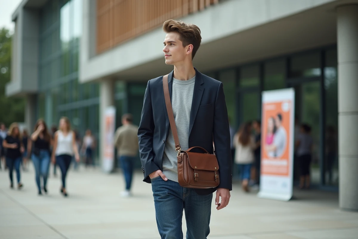 Jeune homme diplômé passant devant centre culturel