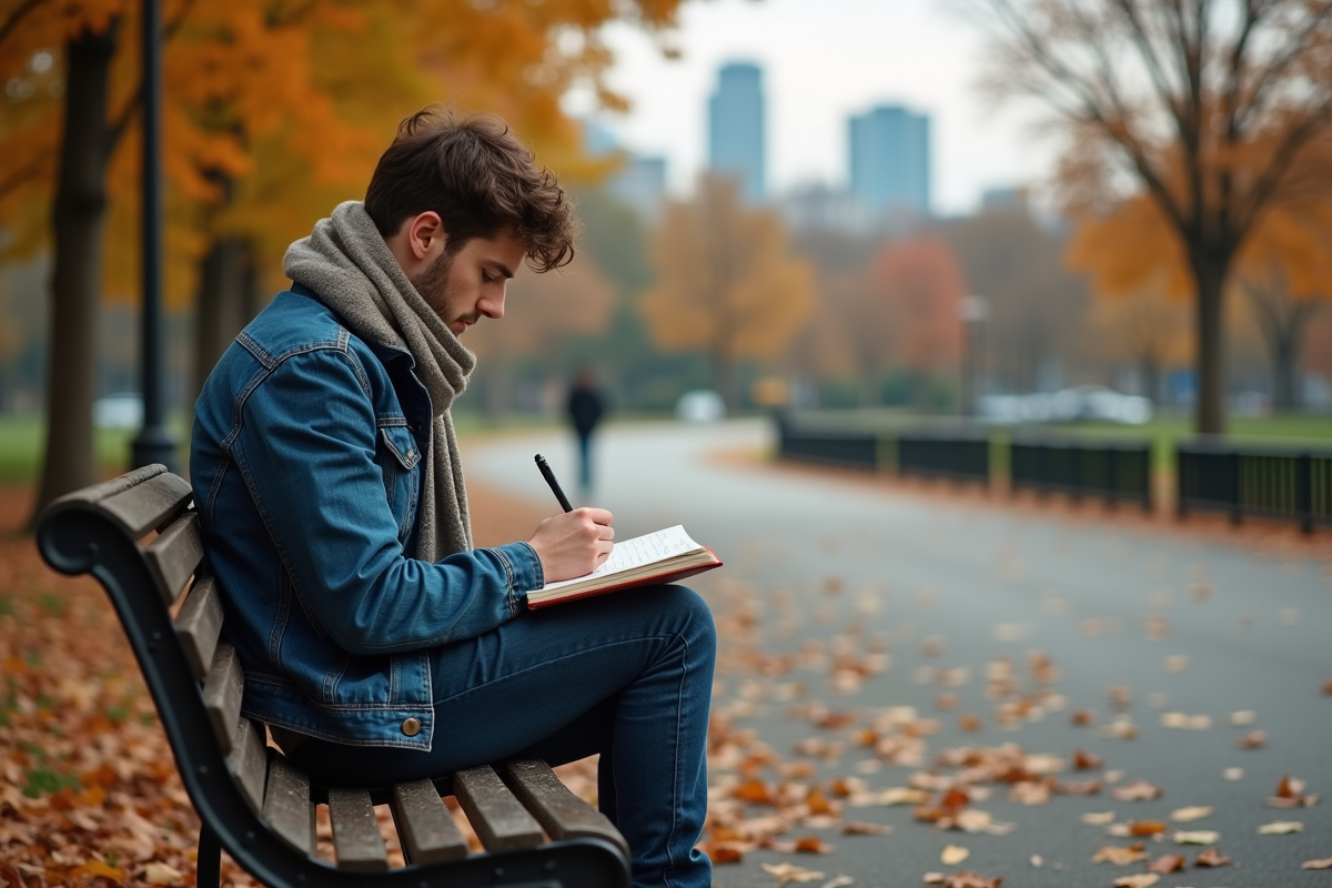 Jeune homme écrivant dans un journal au parc en automne