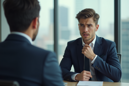 Jeune homme anxieux en entretien d'embauche en bureau moderne