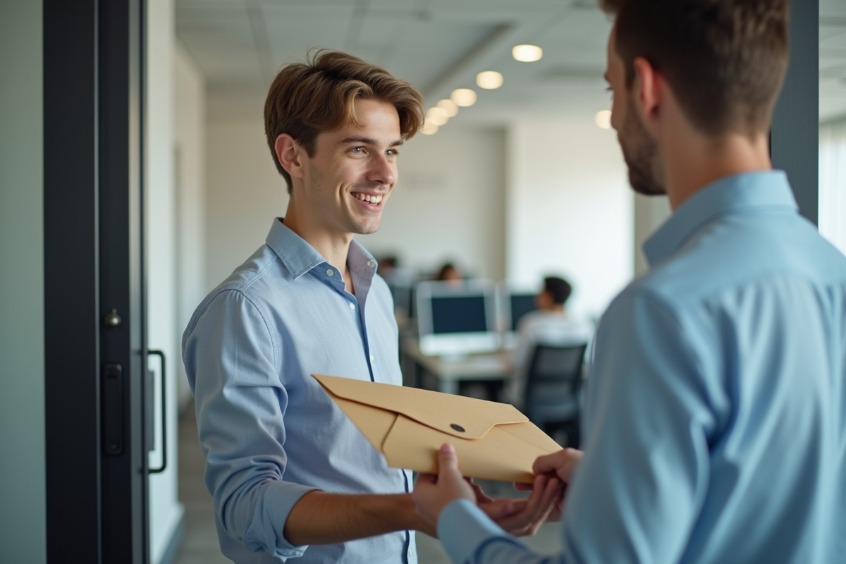Jeune homme remettant une enveloppe à un collègue dans un bureau
