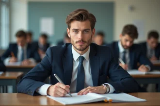 Jeune homme concentré en examen dans une salle moderne