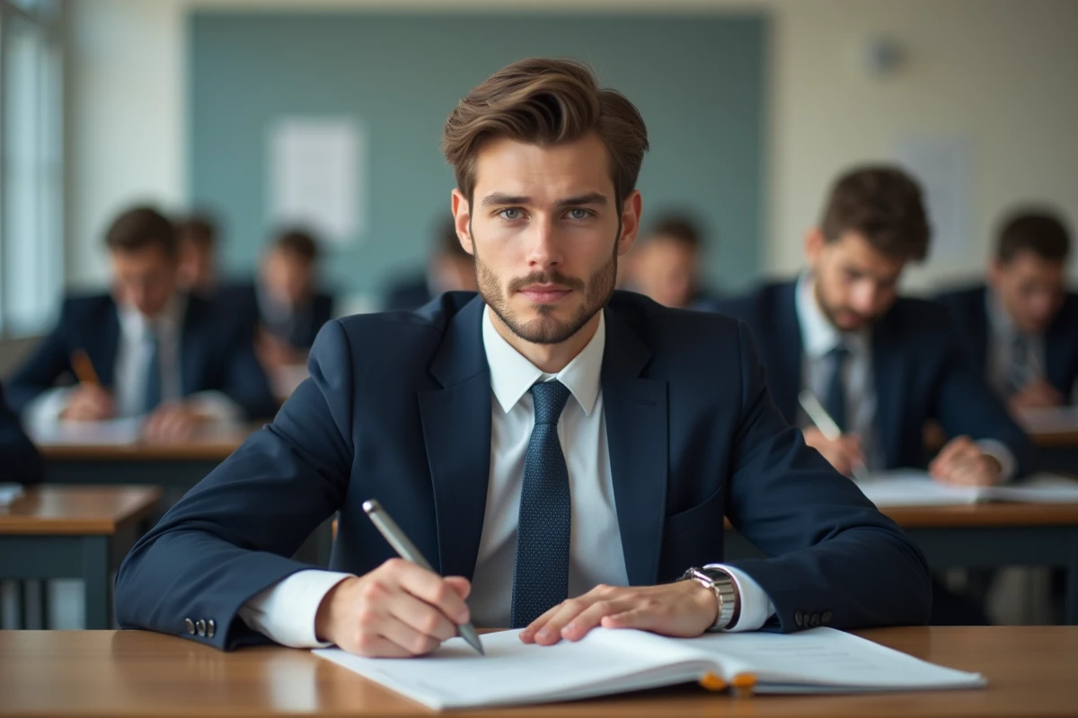 Jeune homme concentré en examen dans une salle moderne