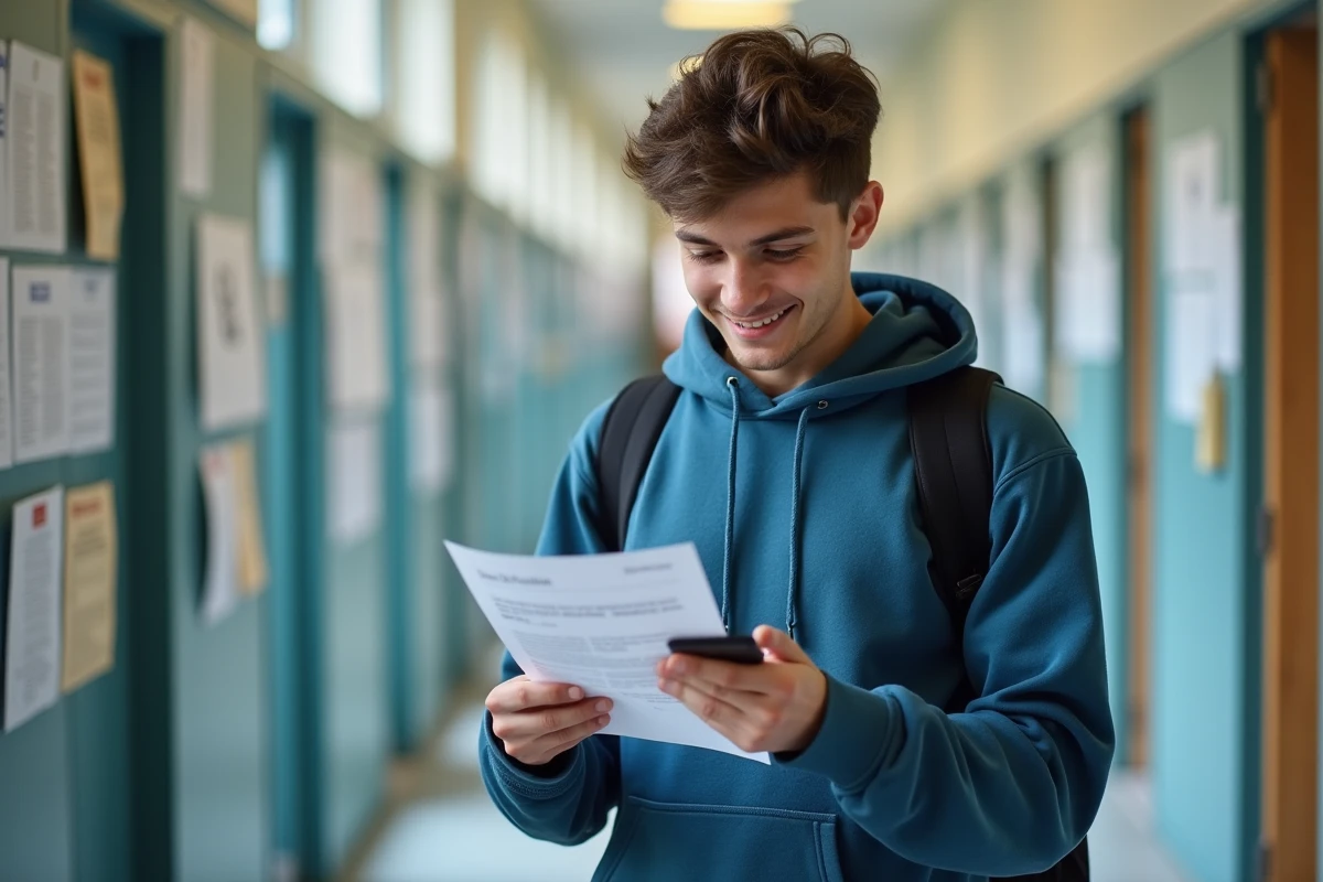 Jeune homme dans un couloir scolaire tenant une lettre et un smartphone