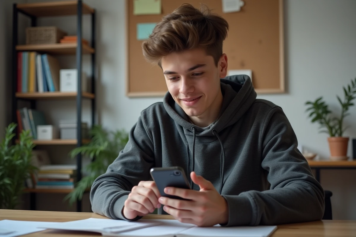 Jeune homme étudiant sur son smartphone dans une chambre organisée